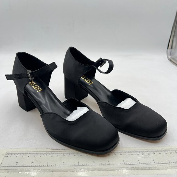 miss left Black Satin Square Toe Adjustable Ankle Buckle D'Orsay Pumps - Picture 4 of 8